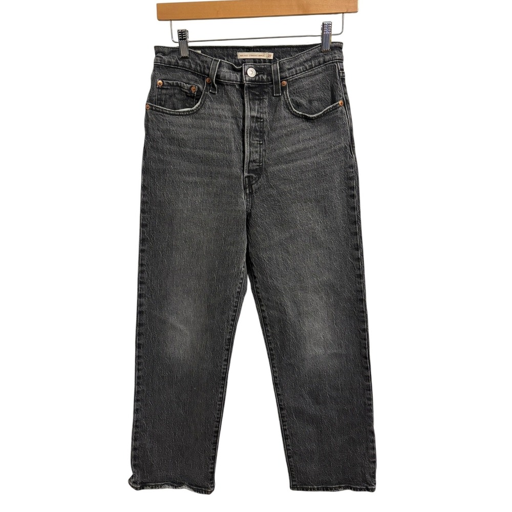 Levi's Ribcage Straight Ankle Jeans Black High Rise Button Fly Festival Boho 27 - Picture 2 of 15